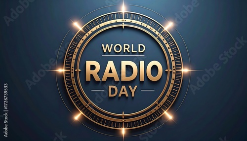 Gold-toned circular emblem for World Radio Day on dark blue background