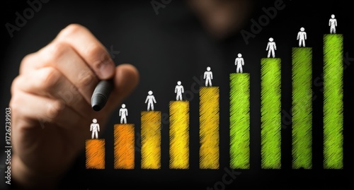 Hand drawing a chart of people climbing colored steps, signifying progress and growth