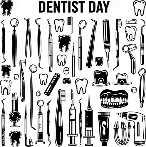 Dentist Day Icons: A Black and White Vector Illustration of Dental Tools and Teeth for Dental Awareness