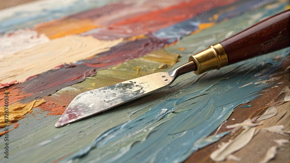 Fototapeta premium Oil paint knife scraping technique reveals vibrant textures on canvas in an artist's studio setting