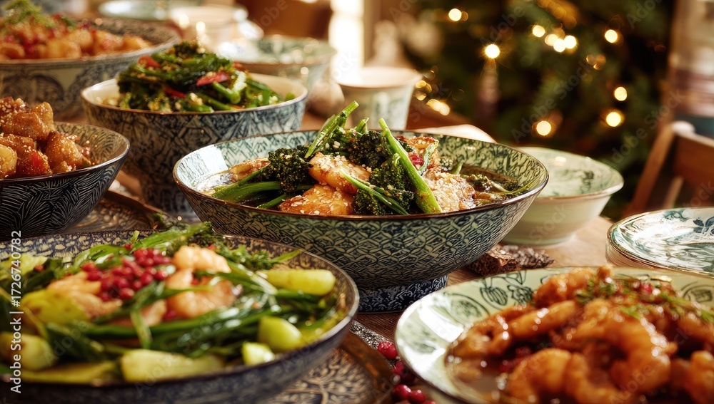 Obraz premium Festive Chinese dish platters on a table, featuring shrimp, broccoli, and other vegetables