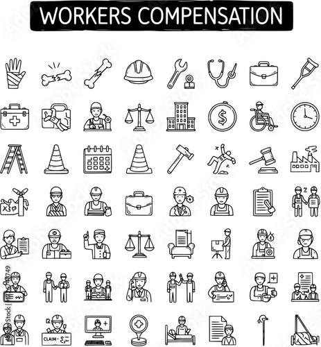 Workers' Compensation Doodle Icons: Injury, Legal, Medical  Financial Aid