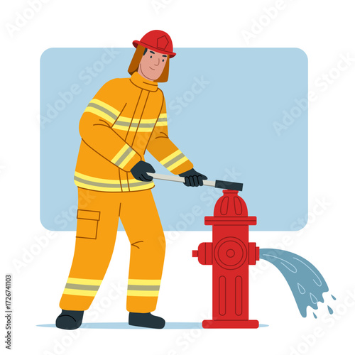 Firefighter Opening Fire Hydrant using Hydrant Wrench, Releasing Water