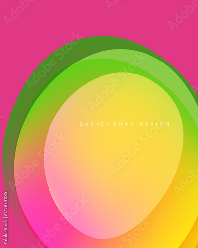 Abstract layers create vibrant circular design. Pink, green, yellow hues blend smoothly. Modern aesthetic, simple composition.