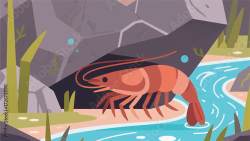 Illustration Of A Crayfish Hiding Under A Rock With A Clear River Flow And Aquatic Plants Vector Design Template