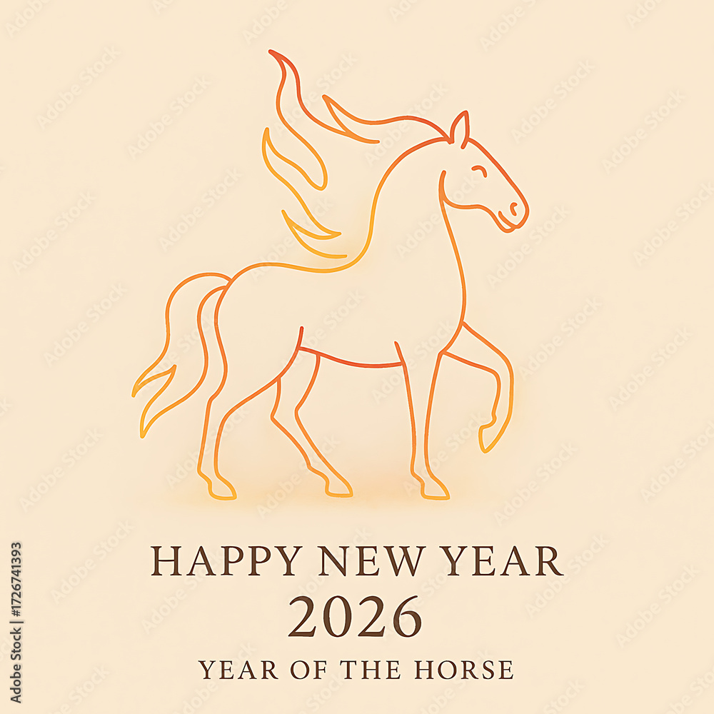 Obraz premium Minimalist line art illustration of a fiery horse in red and orange tones on a light background. Concept of Merry Christmas and Happy New Year 2026, Year of the Horse, modern holiday design.