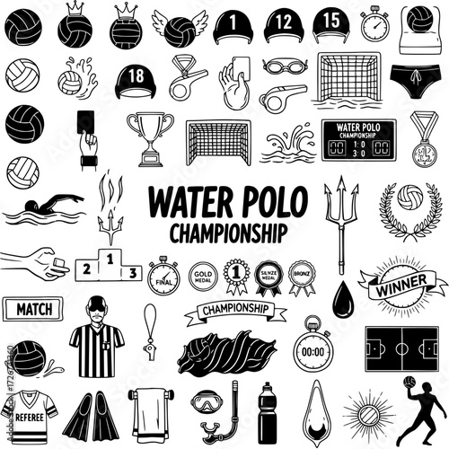 Water Polo Championship Sports Equipment and Player Silhouettes Black and White Outline Icons Set