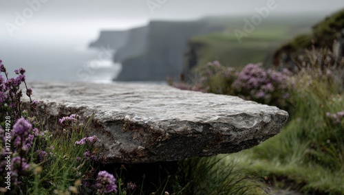 Gray stone slab on cliff edge, overlooking misty ocean.  Purple flowers at base
