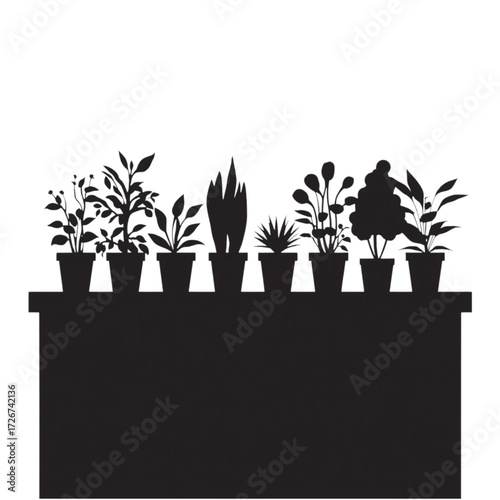 Black silhouette of potted plants on a table vector