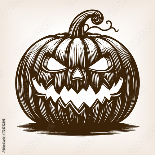 carved jack-o-lantern pumpkin with an eerie, menacing face for Halloween decoration sketch engraving generative ai vector illustration. Scratch board imitation. Black and white image.