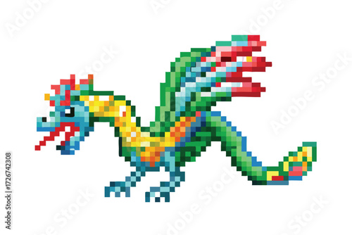Quetzalcoatl Dragon Pixel Art Sprite. Feathered Serpent Deity for Aztec RPGs