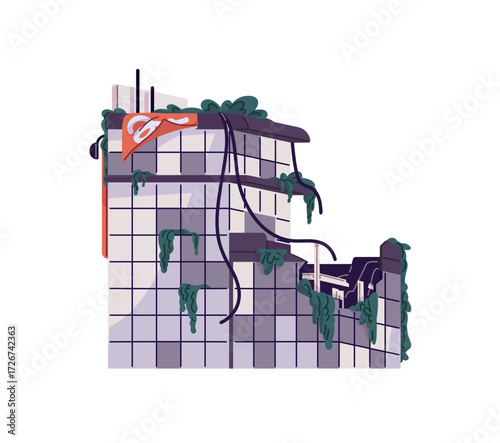 Collapsed skyscraper, destroyed highrise house. Damaged office building with broken windows, walls. Abandoned ruins of city after war, natural disaster. Flat isolated vector illustration on white