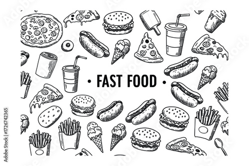 Delicious fast food spread urban diner fun and playful aerial view culinary delight. Vector illustration