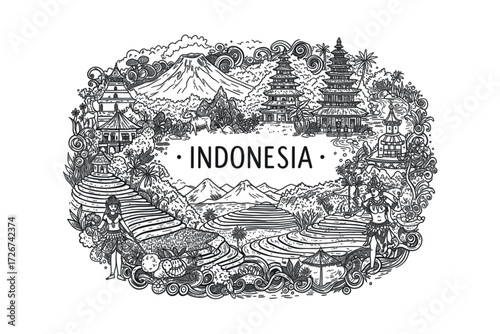 Exploring indonesia's rich culture traditional landscapes and iconic landmarks in an artistic. Vector illustration
