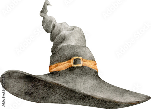 Watercolor illustration of a black witch hat with a buckle and belt. Perfect for Halloween designs, invitations, posters, patterns, and magical decorations.