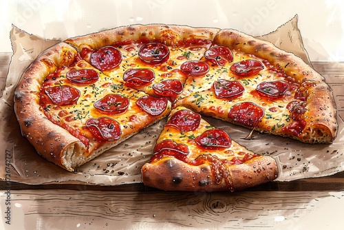 Dessin de pizza, basilic, tomate, mozzarella, recette italienne, façon aquarelle, crayon.