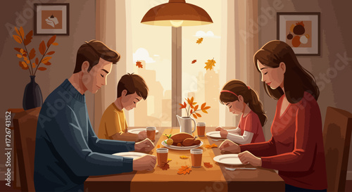 A happy family of four, consisting of a father, mother, and two children, shares a heartfelt moment of gratitude at their dining table during Thanksgiving. 