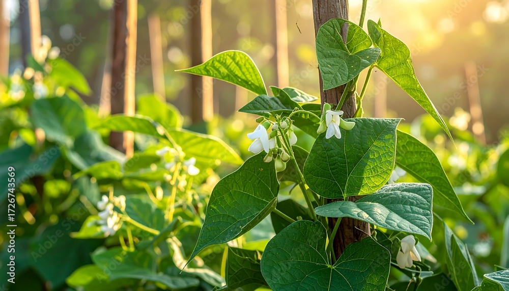 Obraz premium Bean plants in bloom, morning sun