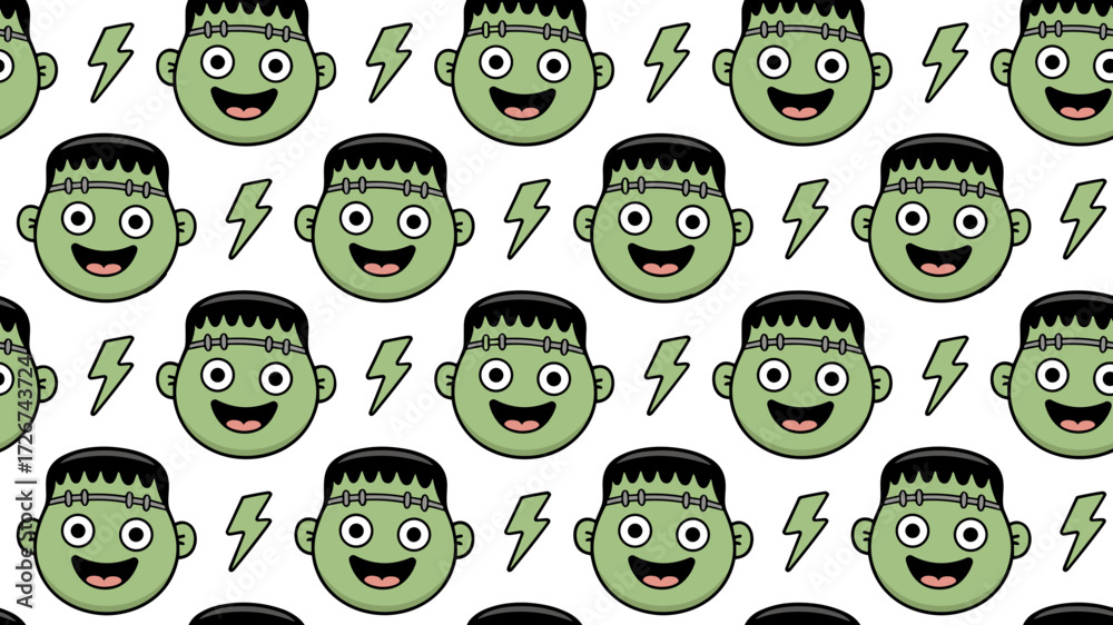 Obraz premium Cartoon Frankenstein faces with lightning on a seamless Halloween-themed pattern 