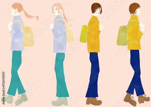 水彩風　リュックサックを背負っている女性2パターンセット Watercolor style People Series:Two-pattern set of women carrying backpacks