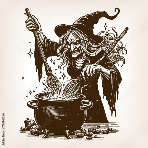 wicked witch in a hat stirring a bubbling cauldron, surrounded by bats and magic sketch engraving generative ai fictional character vector illustration. Scratch board imitation. Black and white image.