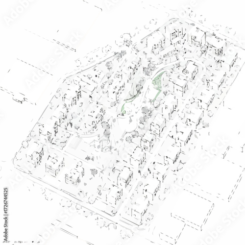 An aerial architectural sketch showcasing a modern urban development with integrated green spaces, emphasizing sustainable community planning.