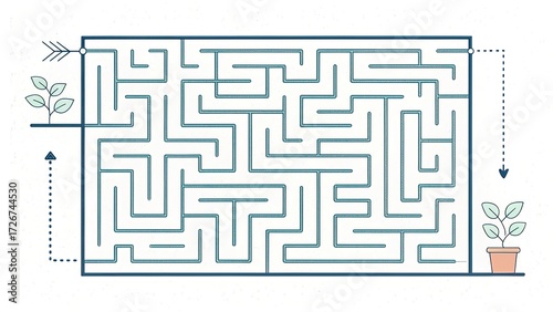 Thin line maze with plants at entry and exit points designed for simple navigation challenges and puzzle-solving fun