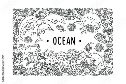 Underwater life exploration ocean dolphins and sea creatures oceanic environment artistic. Vector illustration
