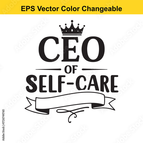 Vector art of ceo of selfcare text with crown and banner