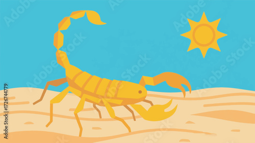 Illustration Of Deathstalker Scorpion Walking On Hot Sand With The Sun Shining Vector Design Template