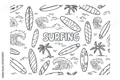 Surfing adventure at the beach illustrative tropical environment creative viewpoint summer concept. Vector illustration