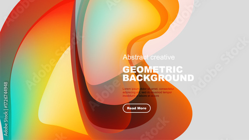 Fluid shapes overlap, creating vibrant gradients. Text promotes further exploration. Modern design, colorful composition.