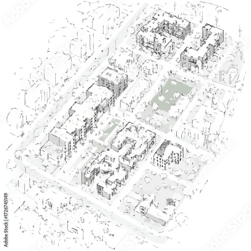 Wallpaper Mural An intricate architectural sketch illustrating a modern urban residential development, featuring integrated green spaces and contemporary city planning principles. Torontodigital.ca
