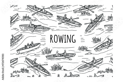Rowing action on serene waterways outdoor environment perspective of rowers. Vector illustration