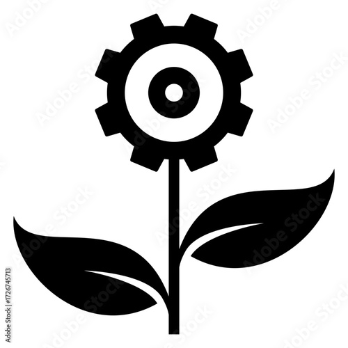 Logo industria ecológica. Icono silueta de engranaje con forma de flor con hojas