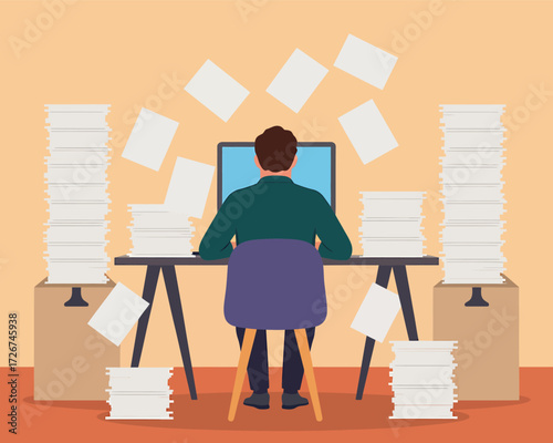 Overwhelmed office worker drowning in a massive amount of paperwork and documents