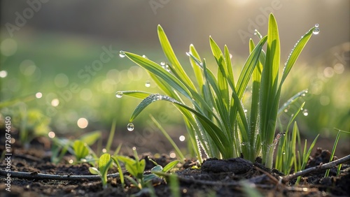 Fresh spring grass glistening with dew in the warm sunlight of early morning