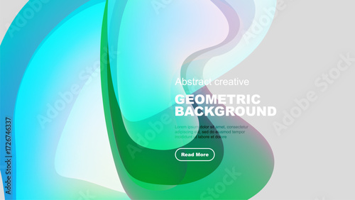 Fluid shapes overlap, creating vibrant gradient background. Text promotes further exploration via button. Modern design elements present.