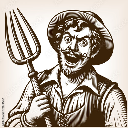 cheerful bearded farmer in rustic clothing and hat, holding a pitchfork and pointing with a grin sketch engraving generative ai fictional character vector illustration. Scratch board. Black and white.