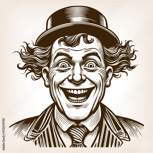clownish man with a wide, exaggerated grin, wild wavy hair, and a bowler hat, sketch engraving generative ai fictional character vector illustration. Scratch board imitation. Black and white image.