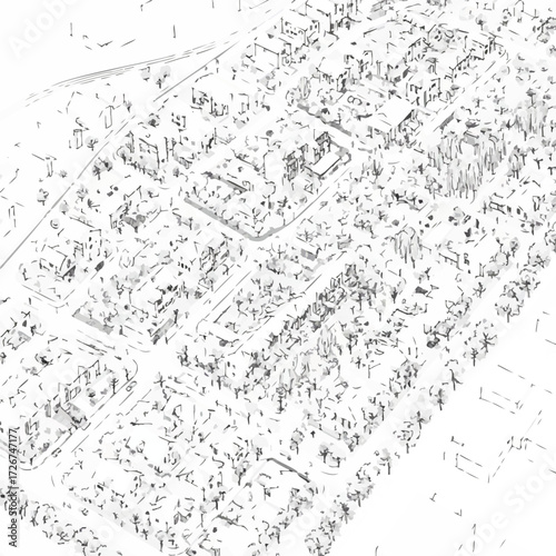 An intricate aerial line art illustration depicts a sprawling urban landscape with numerous buildings and interconnected roads, showcasing detailed architectural planning.