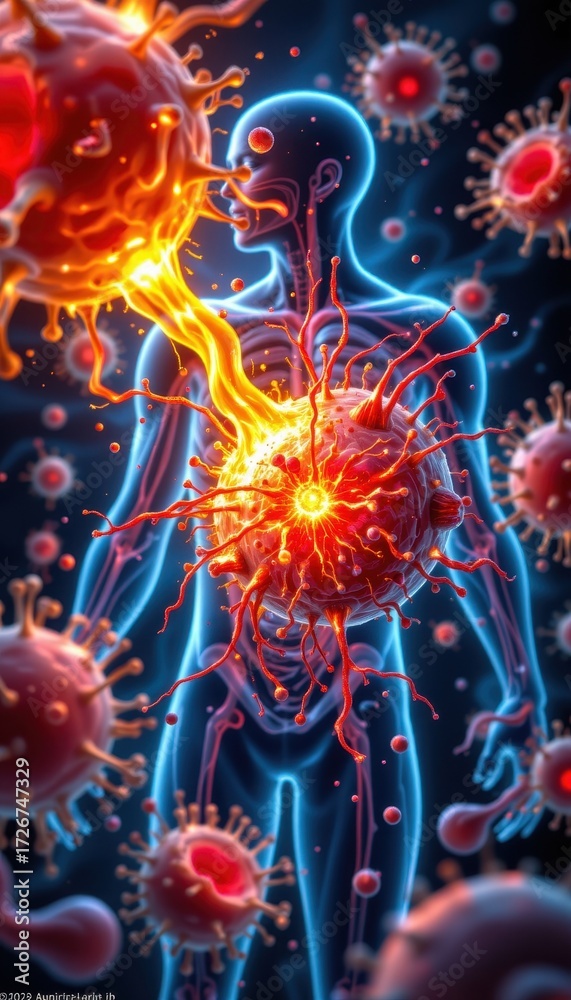 Fototapeta premium a detailed medical illustration of free radicals damaging human cells through oxidative stress, realistic scientific style, clear anatomy, glowing reactive molecules attacking cell membranes.