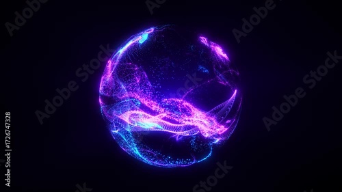 abstract glowing sphere composed of blue particles, dots, and waves of blue light, a digital technology background. An energetic and futuristic sphere with beams of light. Seamless loop 4K video