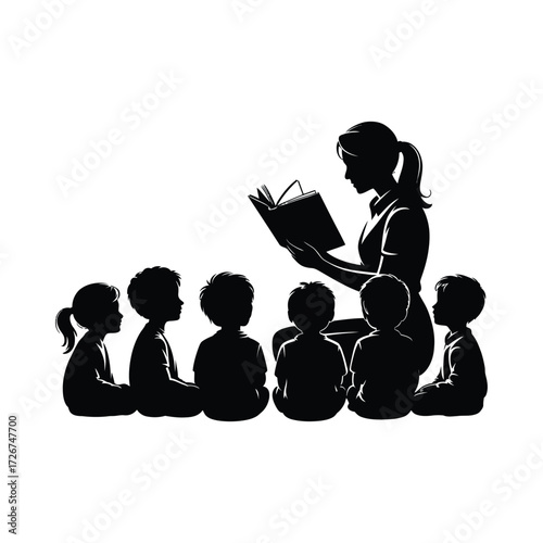 Silhouette Illustration of a Teacher Reading to Children Sitting in a Row