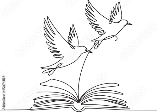 Continuous Line Art Illustration of Two Birds Taking Flight from an Open Book, Symbolizing Knowledge and Freedom