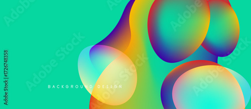 Abstract fluid shapes overlap, vibrant colors blend. Turquoise background complements dynamic composition, modern design element.