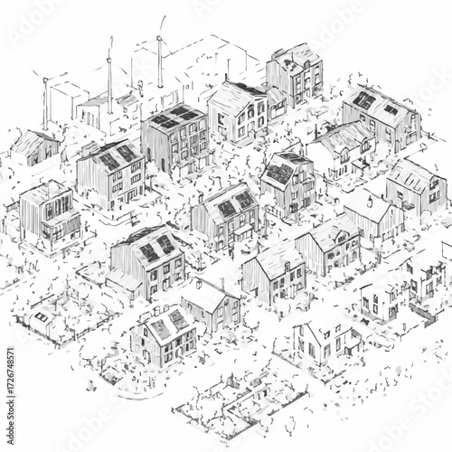 An architectural sketch depicts a sustainable neighborhood with various houses showcasing solar panels, promoting eco-friendly living and renewable energy.