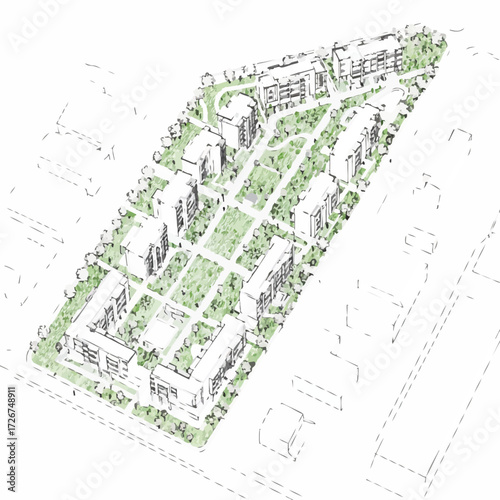Isometric architectural drawing of a modern residential complex plan, showing buildings, green areas, and pathways for urban community.