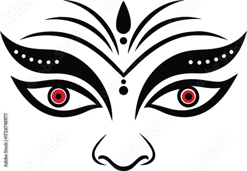Black and white vector illustration of a girl's face with makeup and expressive eyes durga face