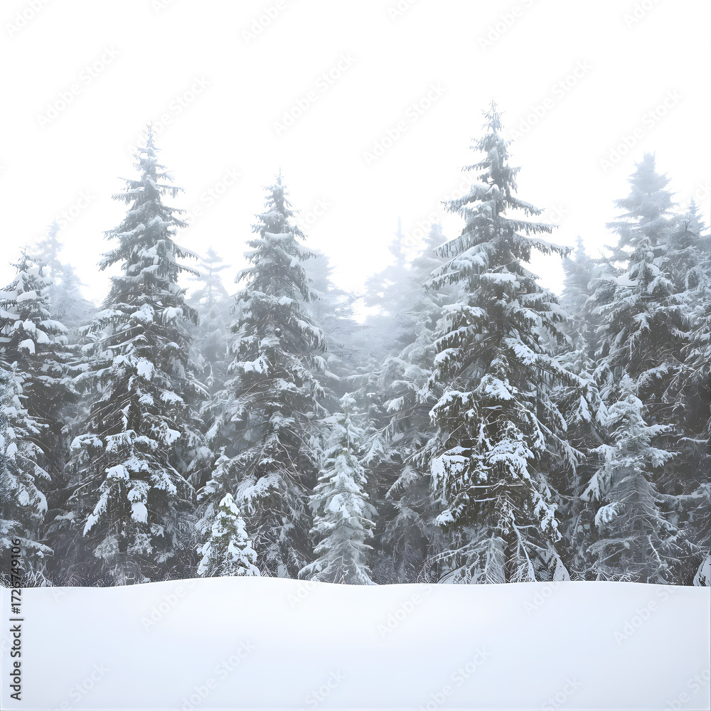 Naklejka premium Snow covered evergreen trees in a winter forest isolated on transparent background